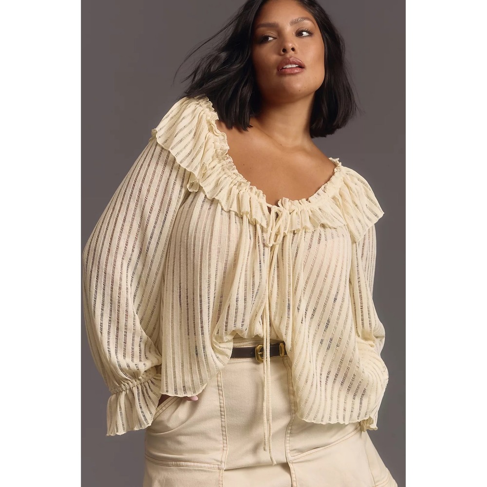 Anthropologie Womens Cream Striped Ruffle Peasant Fairy Victorian Blouse M